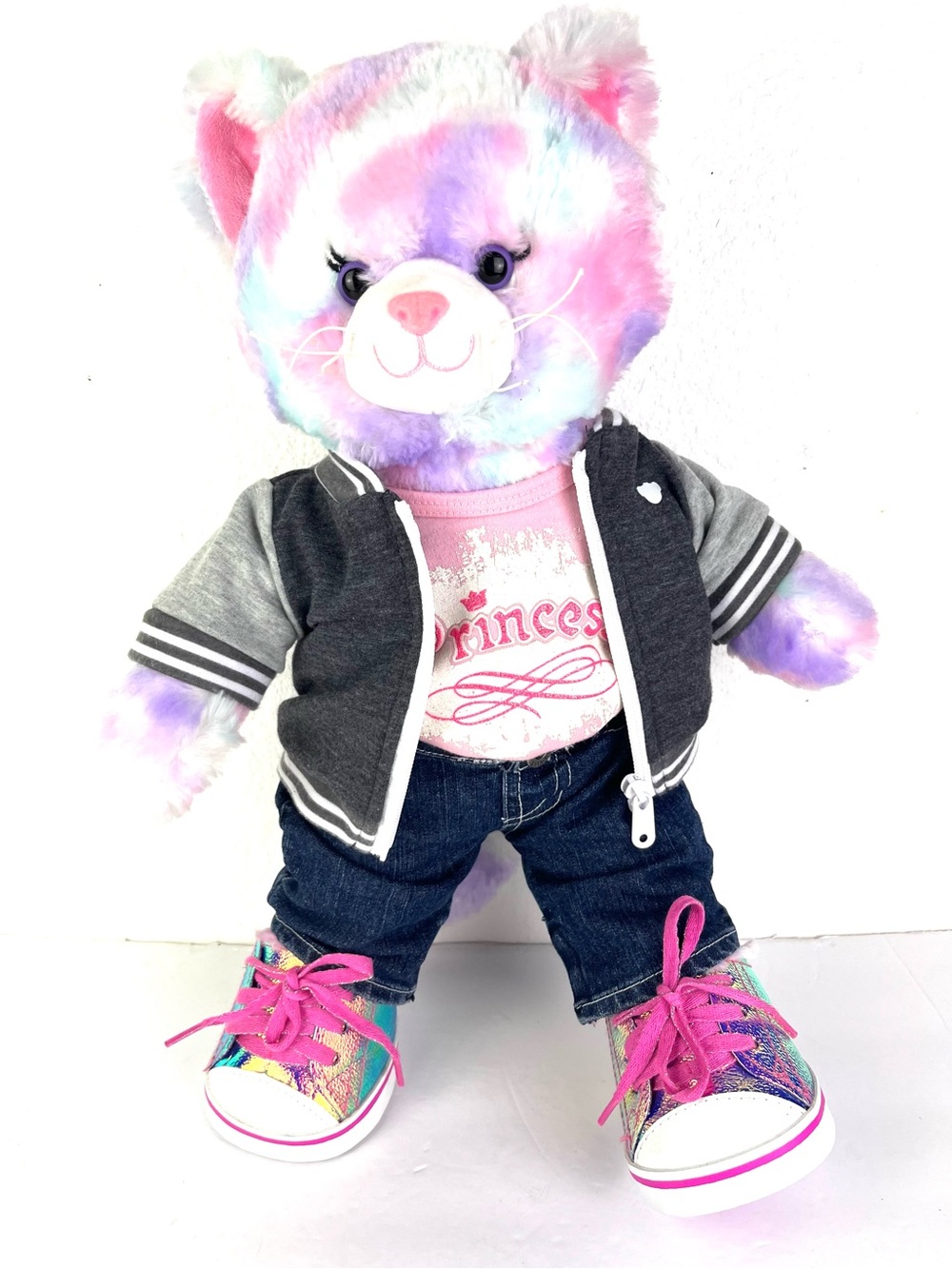 Build A Bear Pastel Plush Cat Doll Pink 'Princess Tee Denim Outfit Hightop Shoes